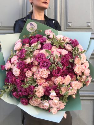 This huge bouquet will impress with the matching pink and lilac spray Roses. The best choice for romantics!