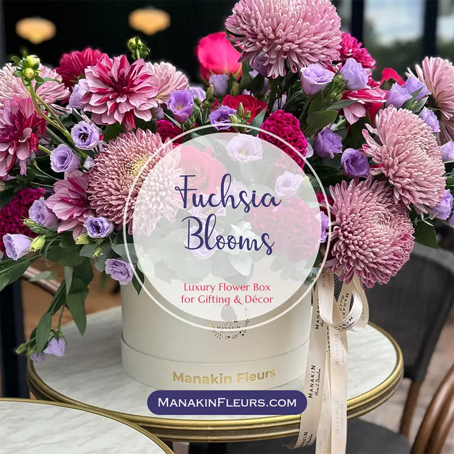 FUCHSIA BLOOMS: Luxury Flower Box with Violet Lisianthus