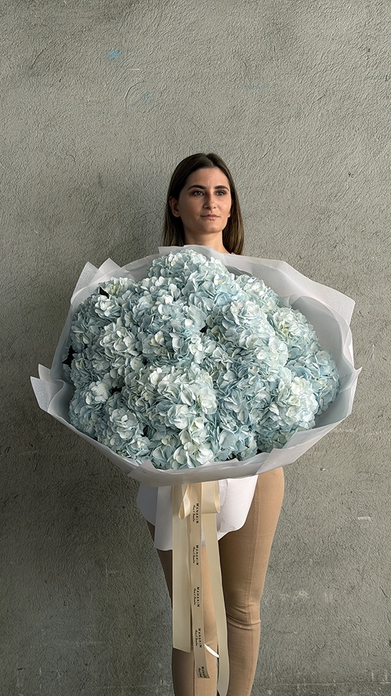 Woman holding Blue Cloud blue hydrangea flowers bouquet wrapped in white paper with cream ribbon, luxury lifestyle portrait