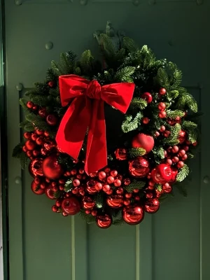 Large Christmas wreath with red velvet bow and glossy red baubles hanging on a front door