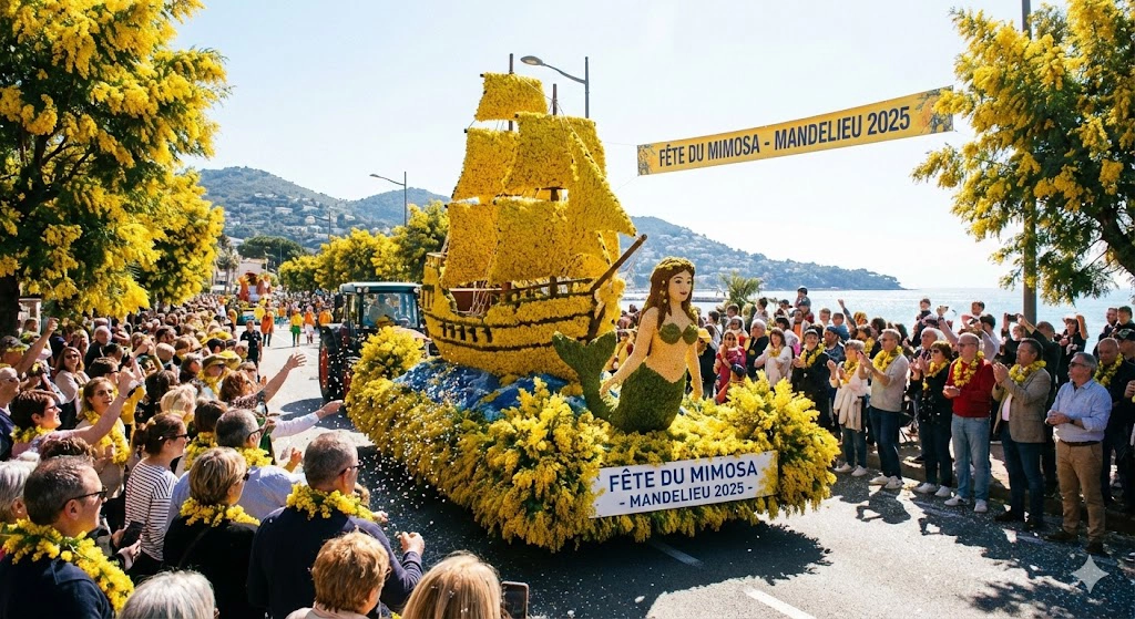 Fête du Mimosa Mandelieu 2025 parade float decorated with thousands of golden mimosa flowers featuring sailing ship with yellow sails and green topiary mermaid sculpture, crowds watching along Mediterranean seafront promenade